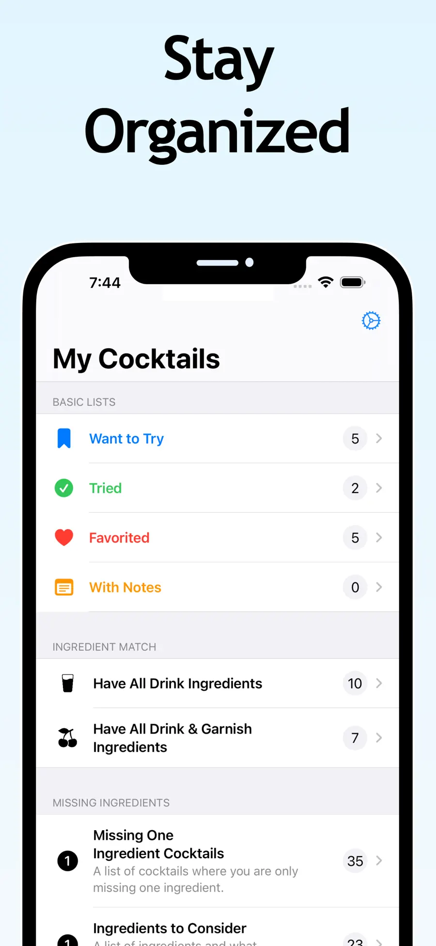My Cocktails, with saved lists and ingredient match counts