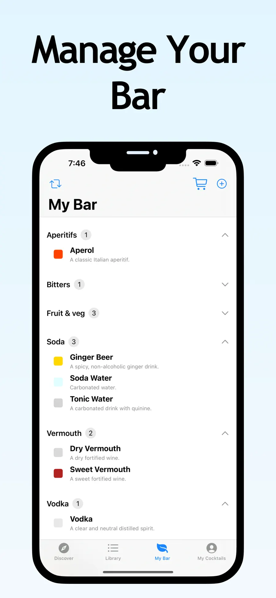 My Bar, with your spirits, mixers and syrups grouped by type